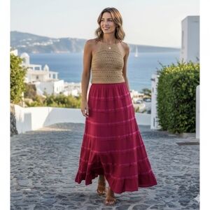 Laddi Vintage Hot Pink Tiered Ribbon Detailed A Line Maxi Skirt One Size